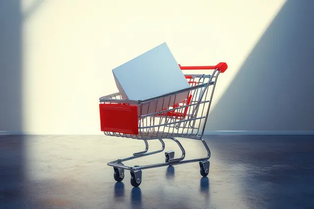 Red shopping cart holding a single white box on concrete floor with angled sunlight