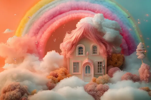Pastel cottage with a cotton-candy roof standing among fluffy clouds beneath a bright rainbow.