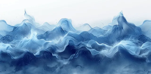 Teal and blue ocean waves roll across a watercolor background with airy foam and mist.