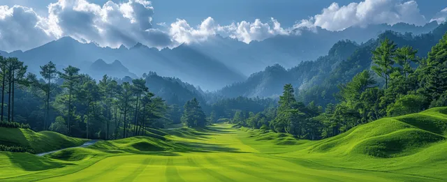 A sunny resort golf course with green fairways, a golf cart, and scenic mountain views under a blue sky.