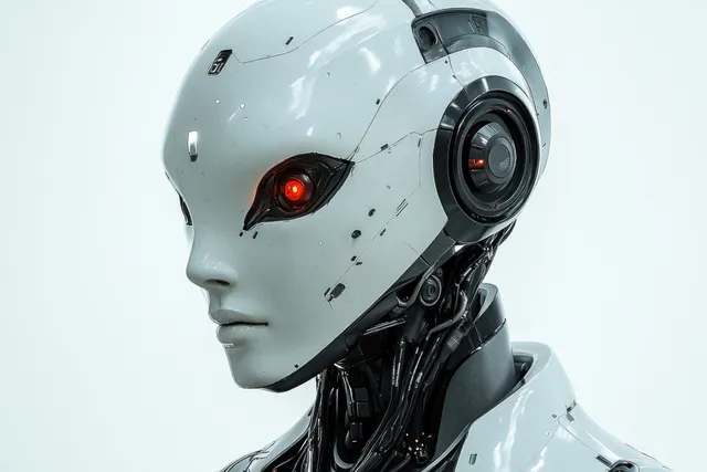 A white robot head with glowing red eyes and intricate mechanical details is shown in a close studio portrait.