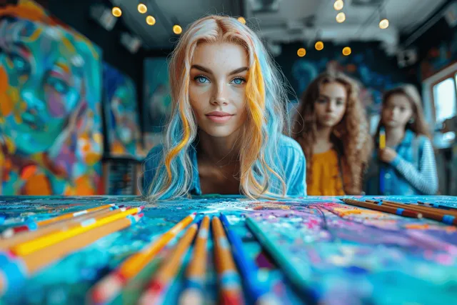 A young artist paints at a studio table with colored pencils and crayons in the foreground.