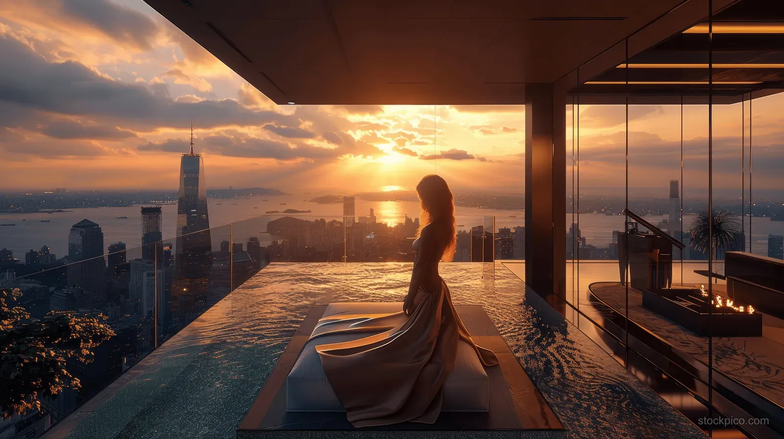 A woman relaxes by an infinity pool on a balcony with a sunset ocean and city skyline view.