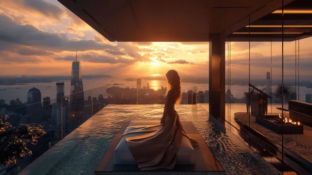Sunset balcony woman relaxing beside infinity pool with panoramic ocean and city skyline view