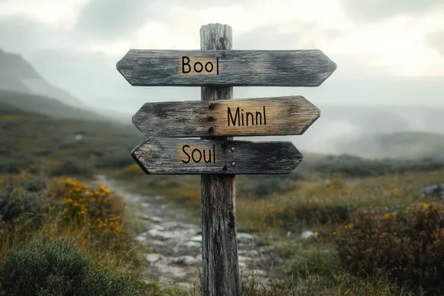 Weathered wooden signpost with three arrow boards beside a foggy dirt trail through wild greenery and wildflowers.
