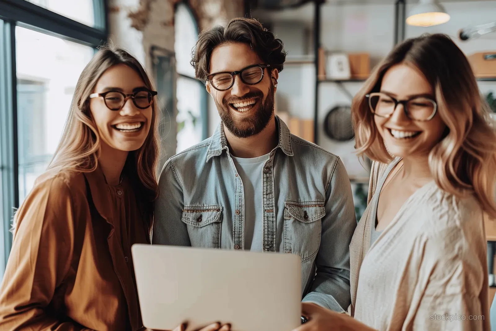 Three coworkers smiling around a laptop in a modern office.