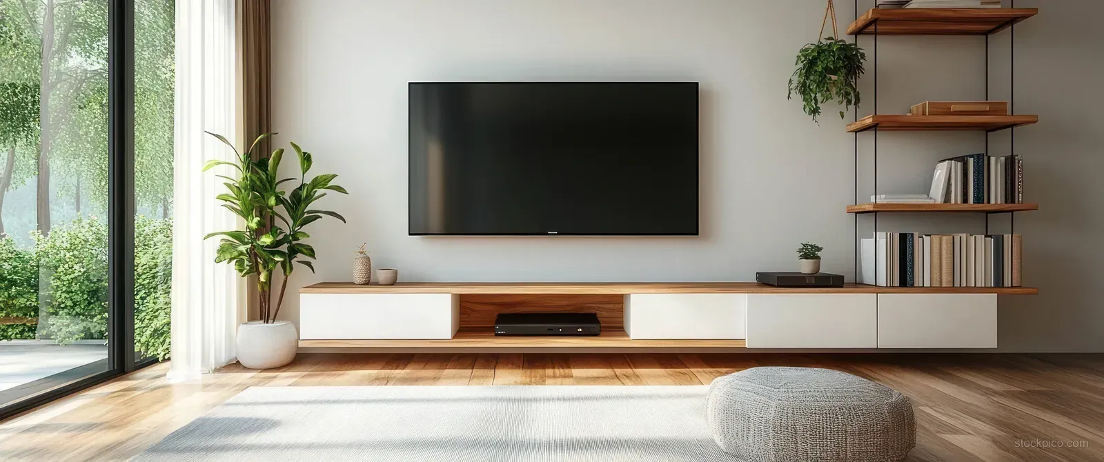 Sunlit living room with a wall-mounted TV, floating wood media cabinet, indoor plants, and a knitted pouf on hardwood floor.