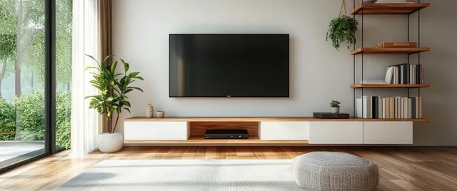 Bright living room with large window, indoor plants, wall TV, wooden floating media cabinet
