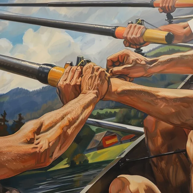 Rowers in a double sculls boat grip the oars while a German-colored flag and river landscape appear behind them.