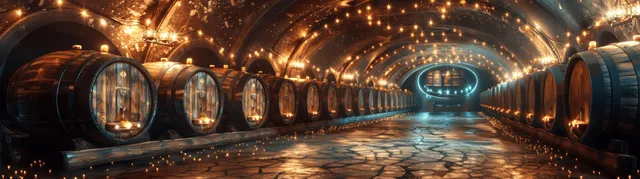 Fantasy wine cellar tunnel with glowing lights, barrels, and glowing runes guiding exploration