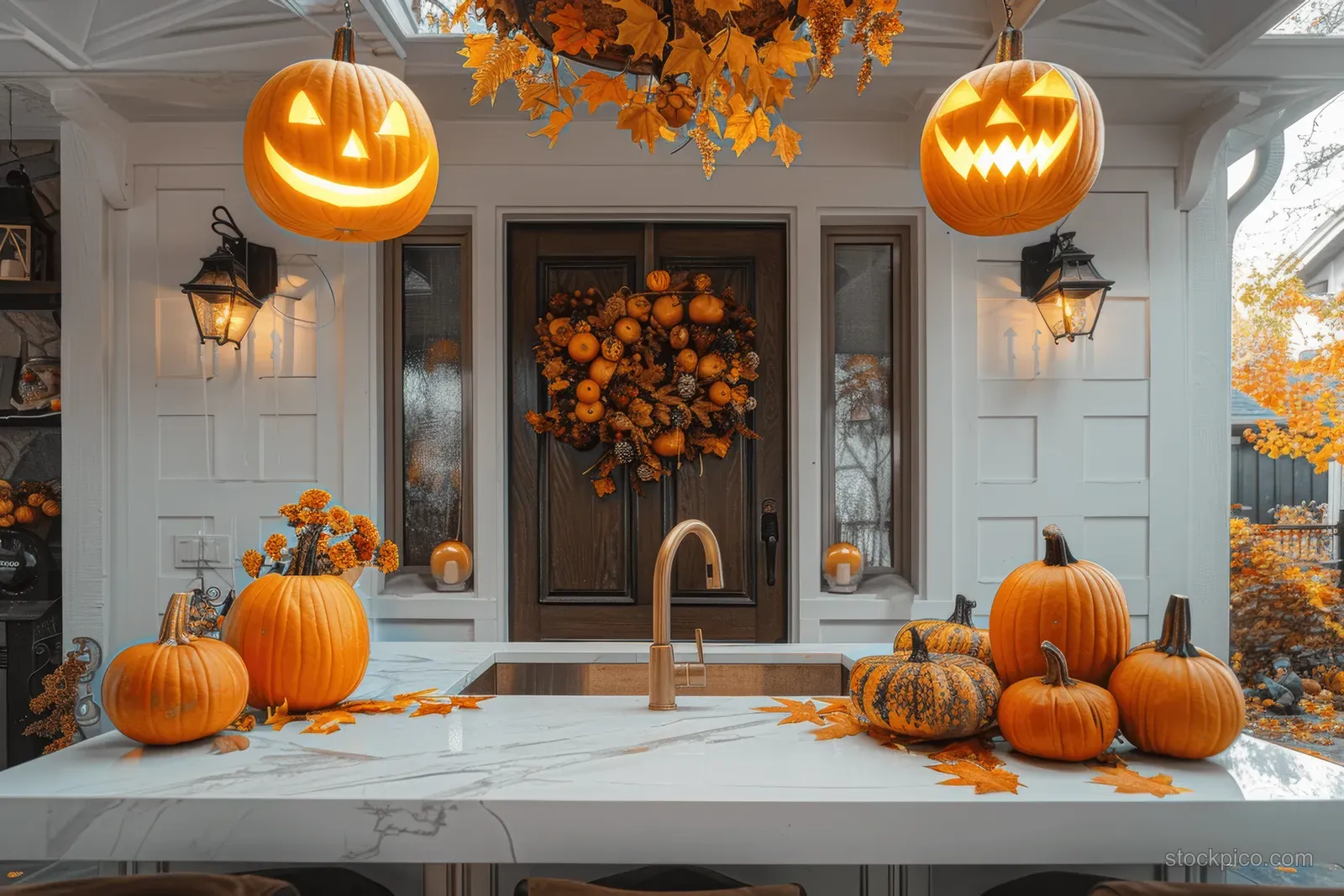Halloween porch at night with glowing jack-o'-lanterns, pumpkins, lanterns, and spider webs by the door.