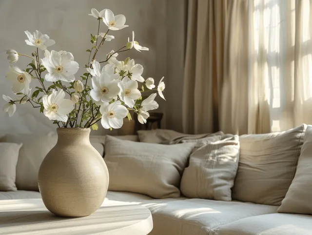 Beige ceramic vase with white flowers on a coffee table in front of a beige sofa and sheer curtains.