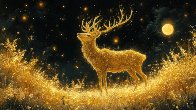 Golden deer stands in mystical forest, glowing particles swirling around its antlers