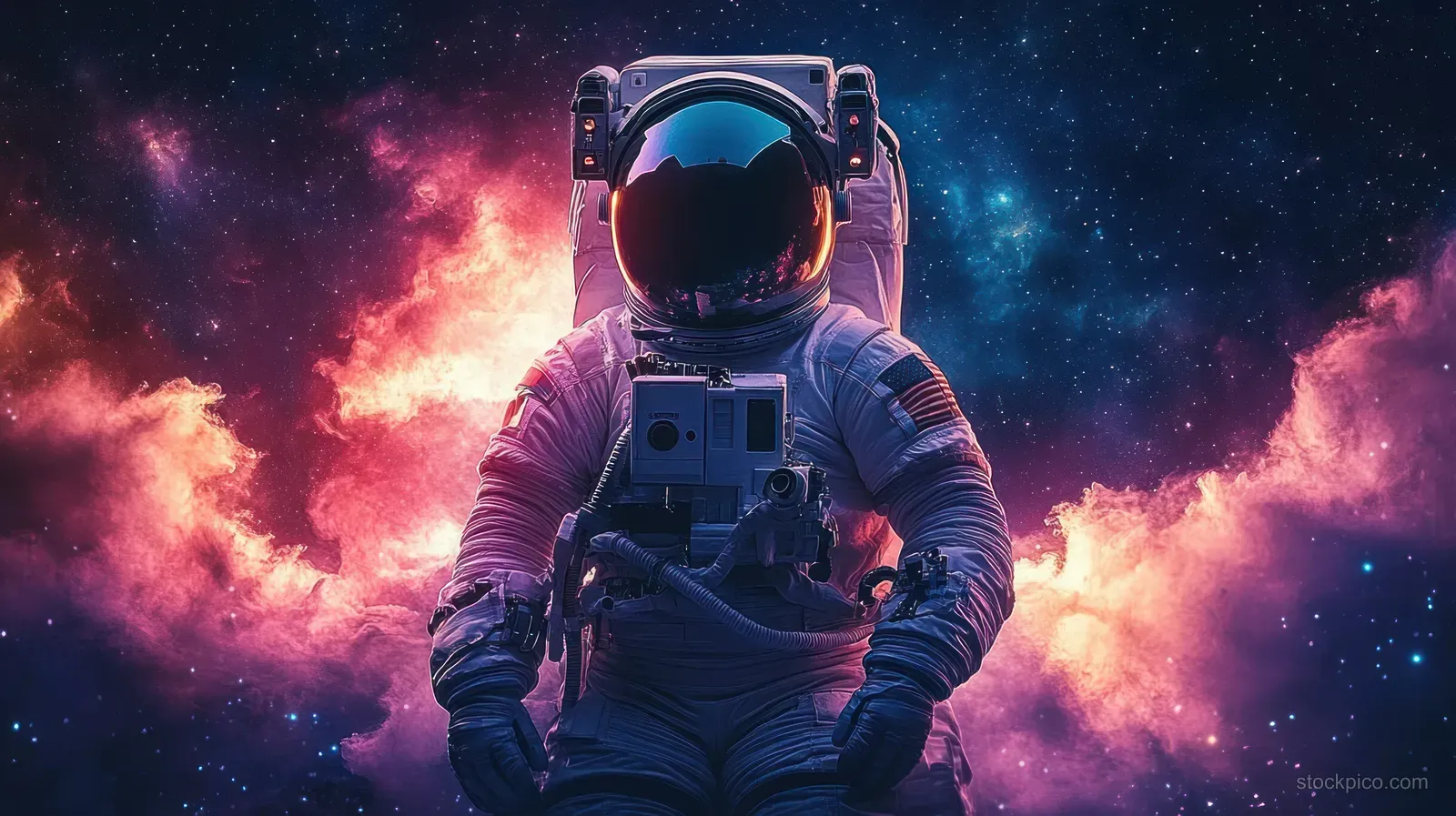 Astronaut floats in colorful nebula space with a reflective helmet visor and glowing stars behind.