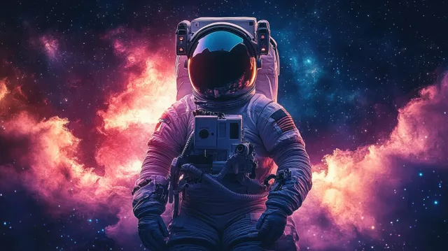 Astronaut floats in colorful nebula space with a reflective helmet visor and glowing stars behind.