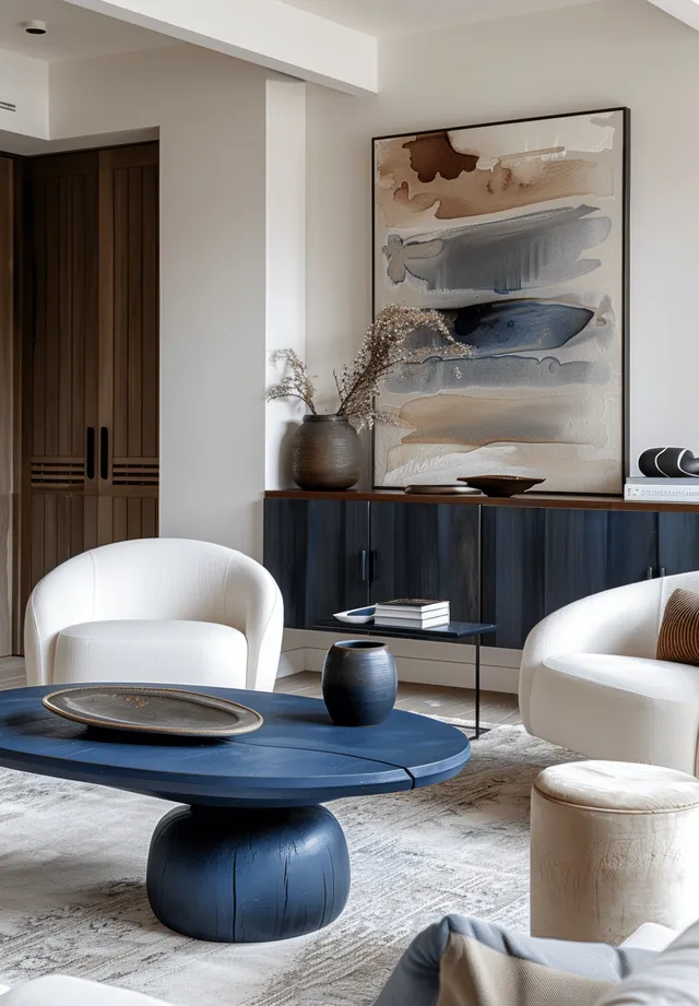 Minimalist living room with blue coffee table and white chairs with Abstract Wall Art