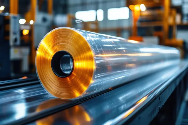 Shiny metallic foil roll sits on a conveyor belt in a warm-lit factory with blurred equipment behind it.