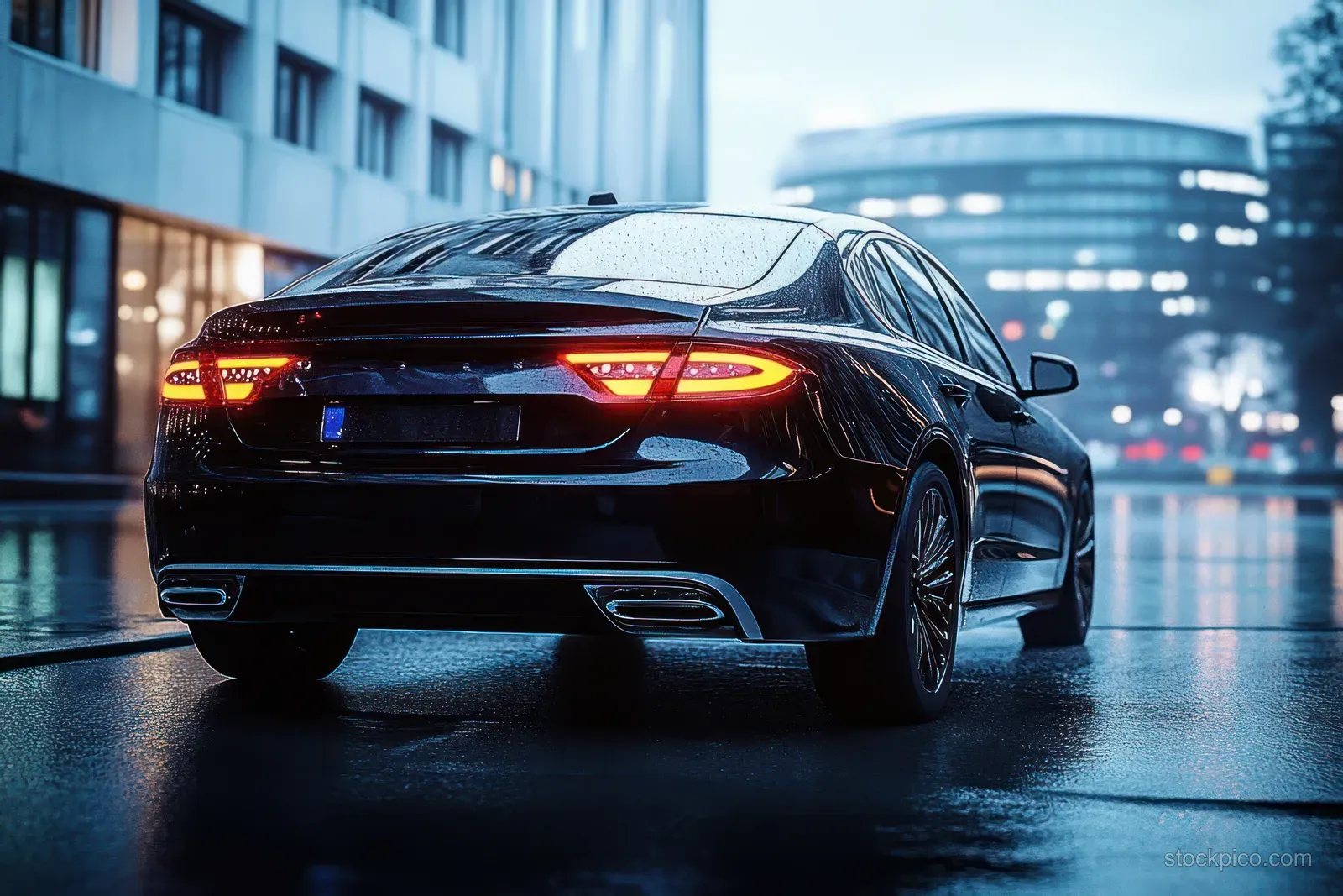 Black luxury sedan parked on a wet city street with glowing tail lights reflecting under dusk lights.