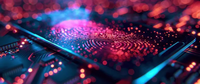 Glowing fingerprint authentication pattern overlays a connected digital cybersecurity network background.