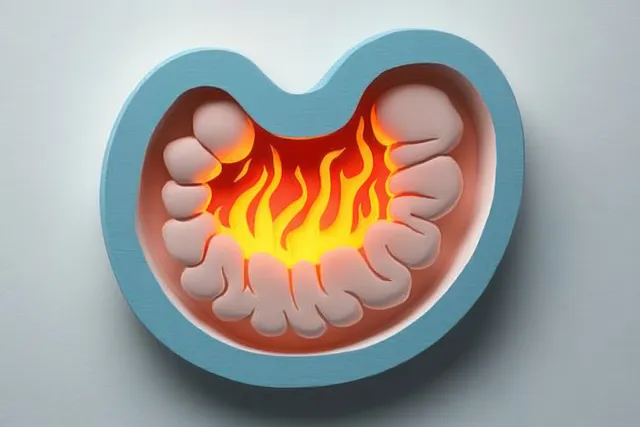 Stomach cross-section model with flame glow showing burning inflammation in digestive lining