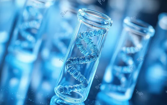 Glass vial containing a glowing DNA double helix sits under soft blue lab lighting against a blurred background.