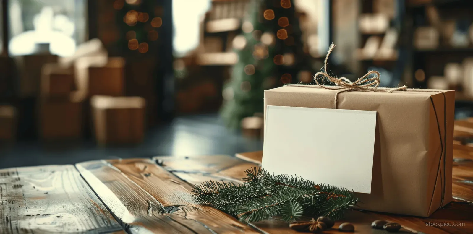 An elegant parcel gift box with an empty greeting card mockup sits on a wooden table with a blurred background.