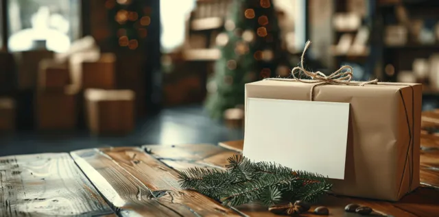 An elegant parcel gift box with an empty greeting card mockup sits on a wooden table with a blurred background.