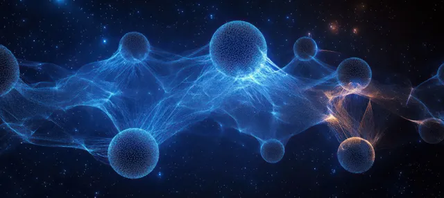 Glowing blue and purple atoms connected by molecular links float over a dark starry background.