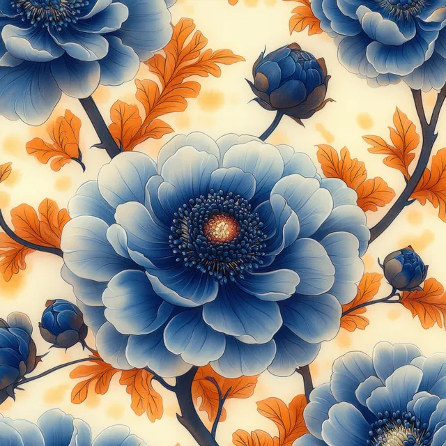 Japanese woodblock floral pattern with blue blossoms and orange leaves on seamless backdrop