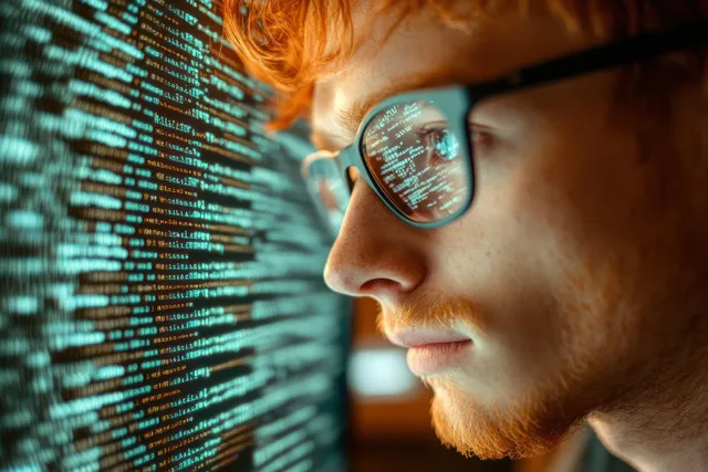 Red-haired man with glasses studies glowing computer code reflected in his lenses beside a blurred monitor.