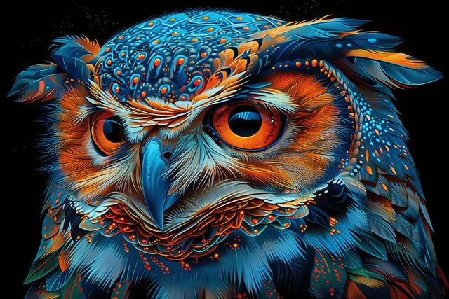 Mystical owl portrait with cosmic blue patterns and orange feathers on dark night background