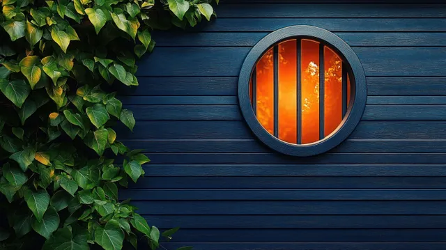 An orange glowing circular window with bars sits in a dark blue paneled wall, bordered by climbing green leaves.
