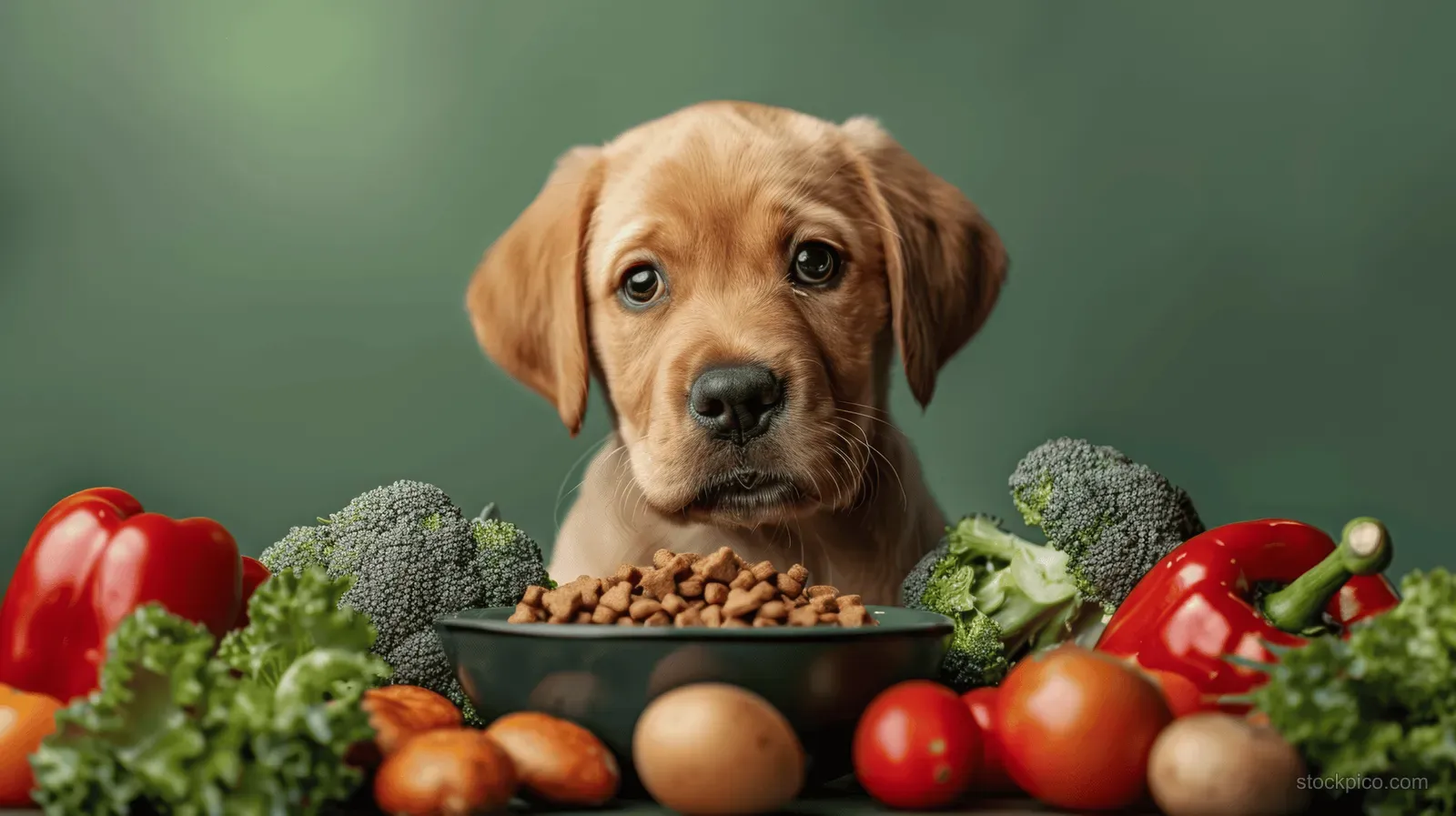 Labrador puppy eating from a bowl of kibble with carrots, tomatoes, broccoli, and peppers on a green backdrop.