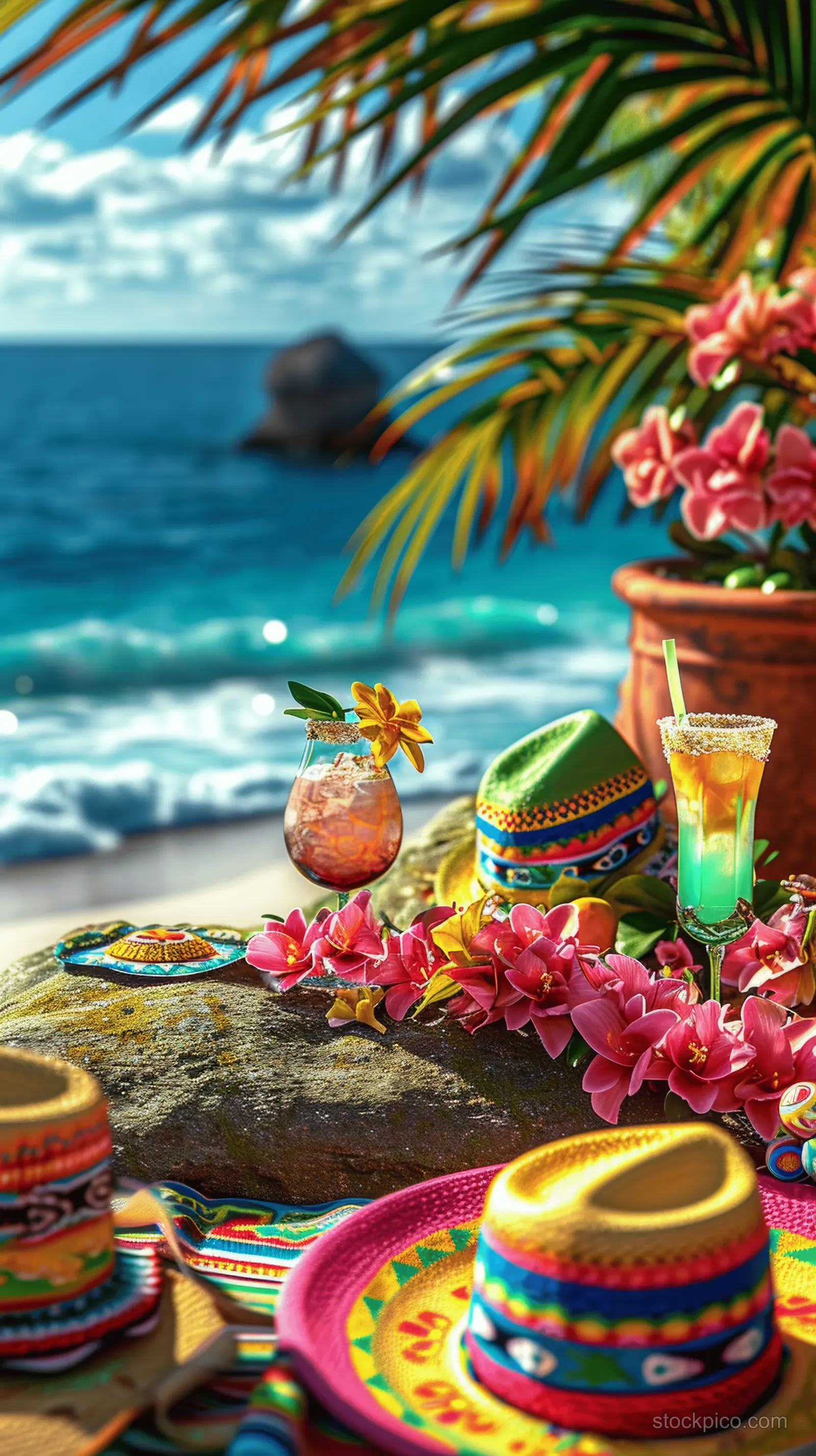 Colorful Cinco de Mayo decorations and sombreros sit on a beach rock with ocean waves in the background.