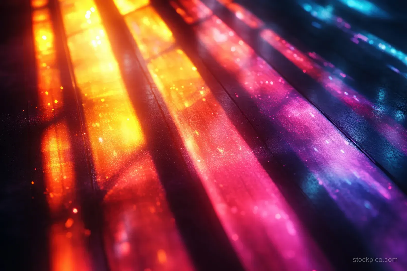 Diagonal rainbow light refraction beams glow across a black background with colorful prism streaks and spark-like particles.