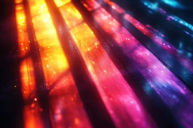 Diagonal rainbow light refraction beams glow across a black background with colorful prism streaks and spark-like particles.