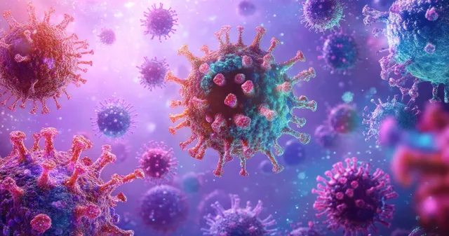 Digital microscopic illustration of glowing virus particles surrounded by bacteria-like and fungal forms on a purple-blue background.
