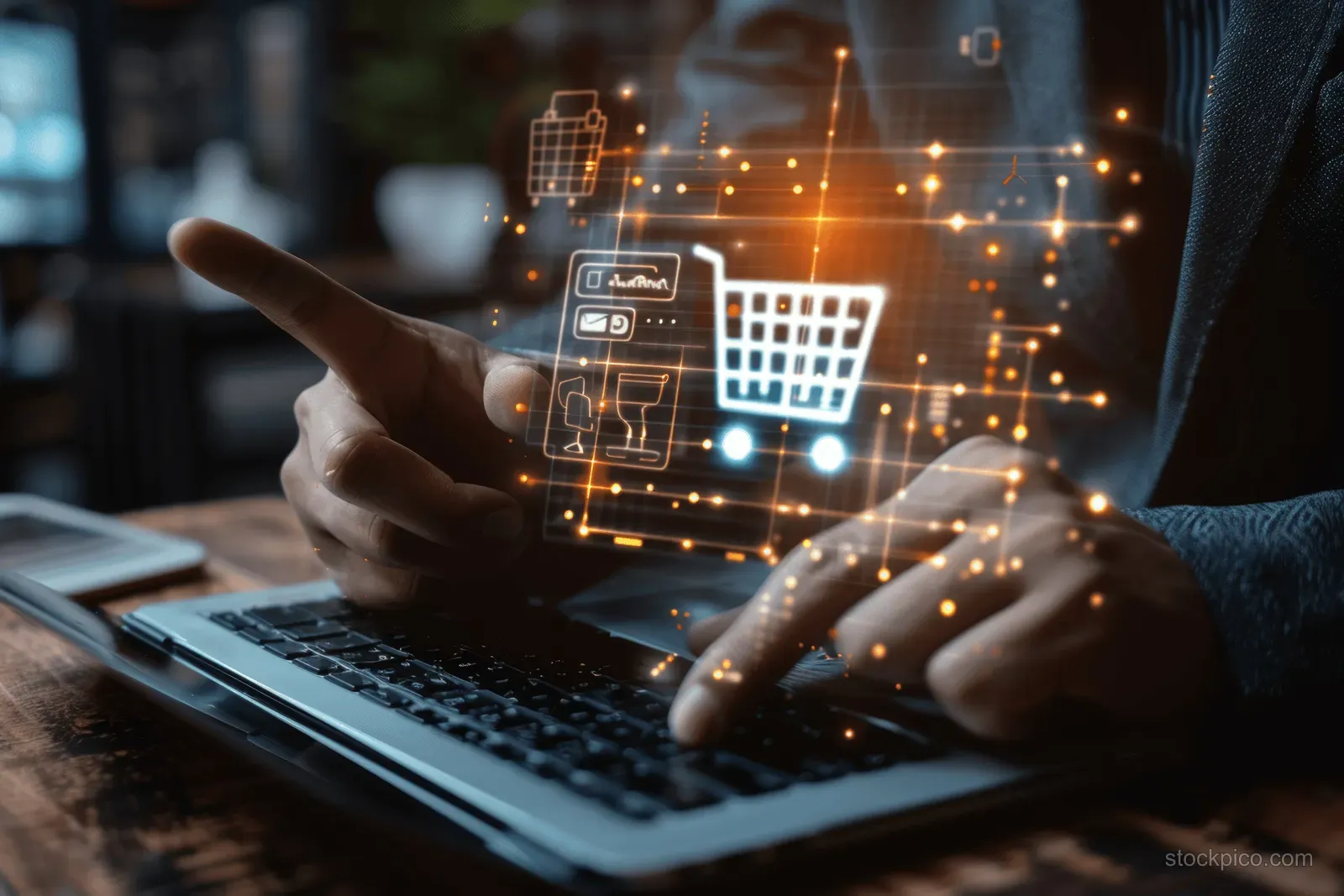 A businessman gestures toward a holographic credit card and virtual shopping cart shown on a laptop screen in a home office.