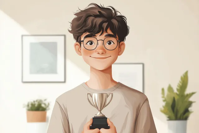 Cheerful schoolboy holding a silver trophy, standing indoors with framed wall art