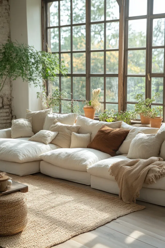 Sunlit living room with beige sofa, layered throws, potted plants, and arched windows in a minimalist Scandinavian style.