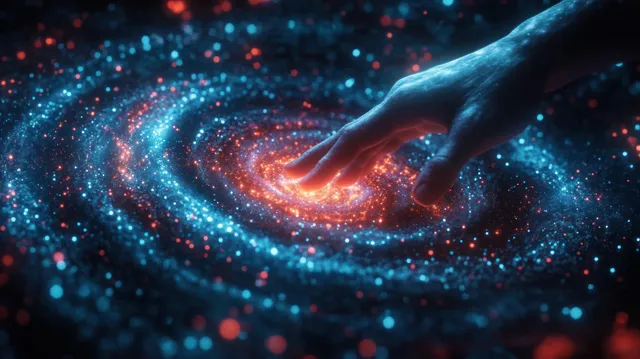 A hand reaches toward a glowing spiral vortex of galaxy-like particles in a dark digital space.