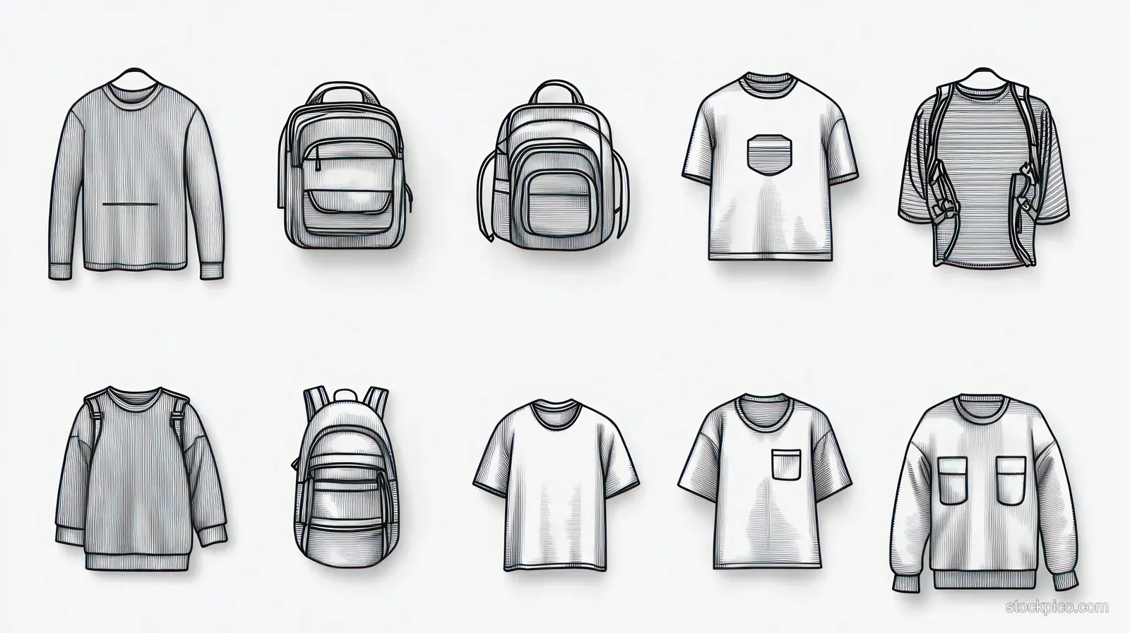 Line art shirts, sweaters, and backpacks are arranged in two rows on a white background.