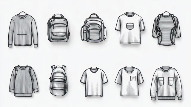 Line art shirts, sweaters, and backpacks are arranged in two rows on a white background.