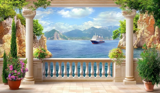 Mediterranean terrace framed by columns overlooking rocky coast with a distant sailing ship