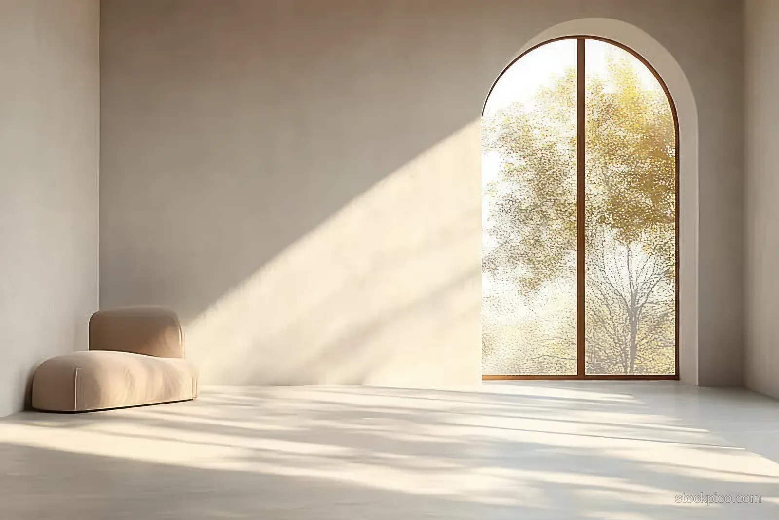 Minimalist interior room with smooth white walls, arched window, and soft sunlight casting long shadows on the floor.