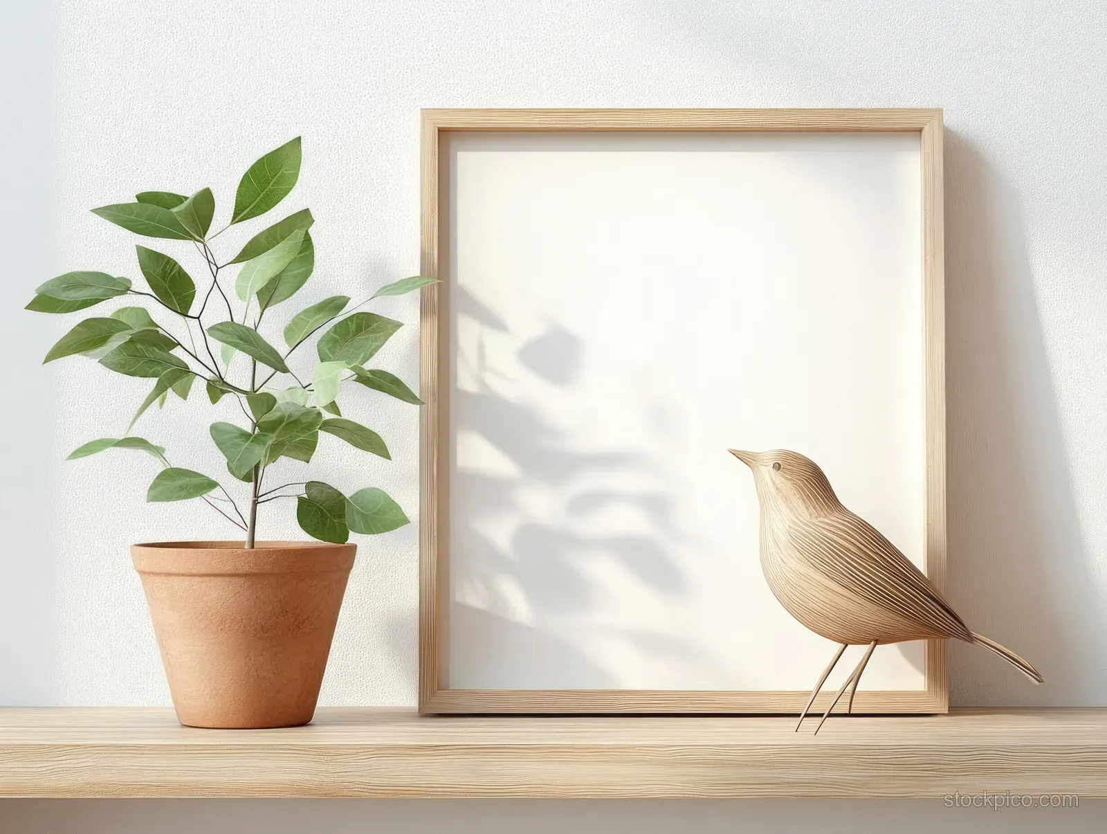 Blank wooden frame on a shelf next to a green plant in terracotta and a bird sculpture against a beige wall.