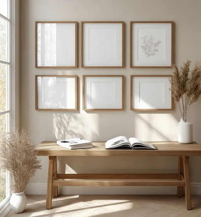 A minimalist Scandinavian living room shows empty framed pictures above a wooden console with sunlight from a window.