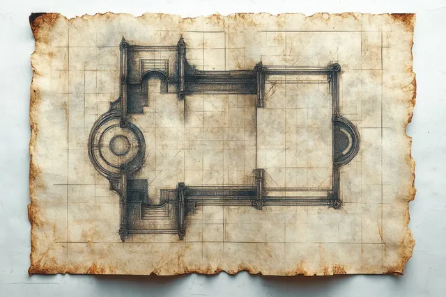 Hand-drawn architectural floor plan sketch on stained parchment with circular rooms and measurement marks
