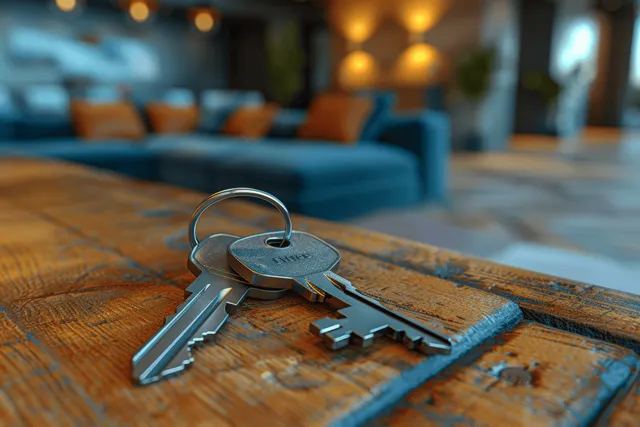 House keys lie on a wooden coffee table in a modern living room with a blurred sofa behind.