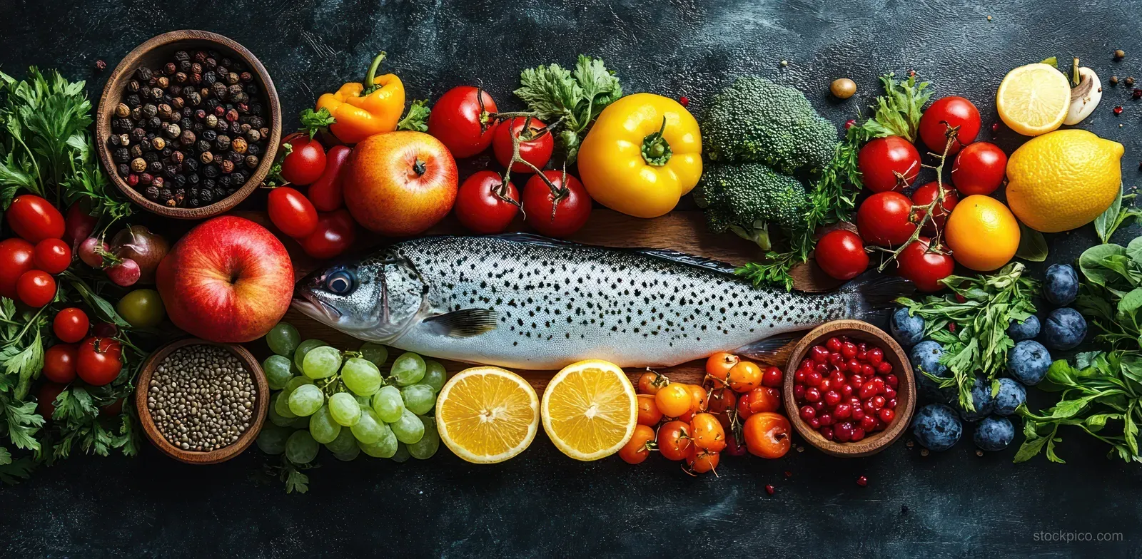 Raw fish centered on slate, surrounded by blueberries, citrus, tomatoes, broccoli, pomegranate seeds, and herbs.